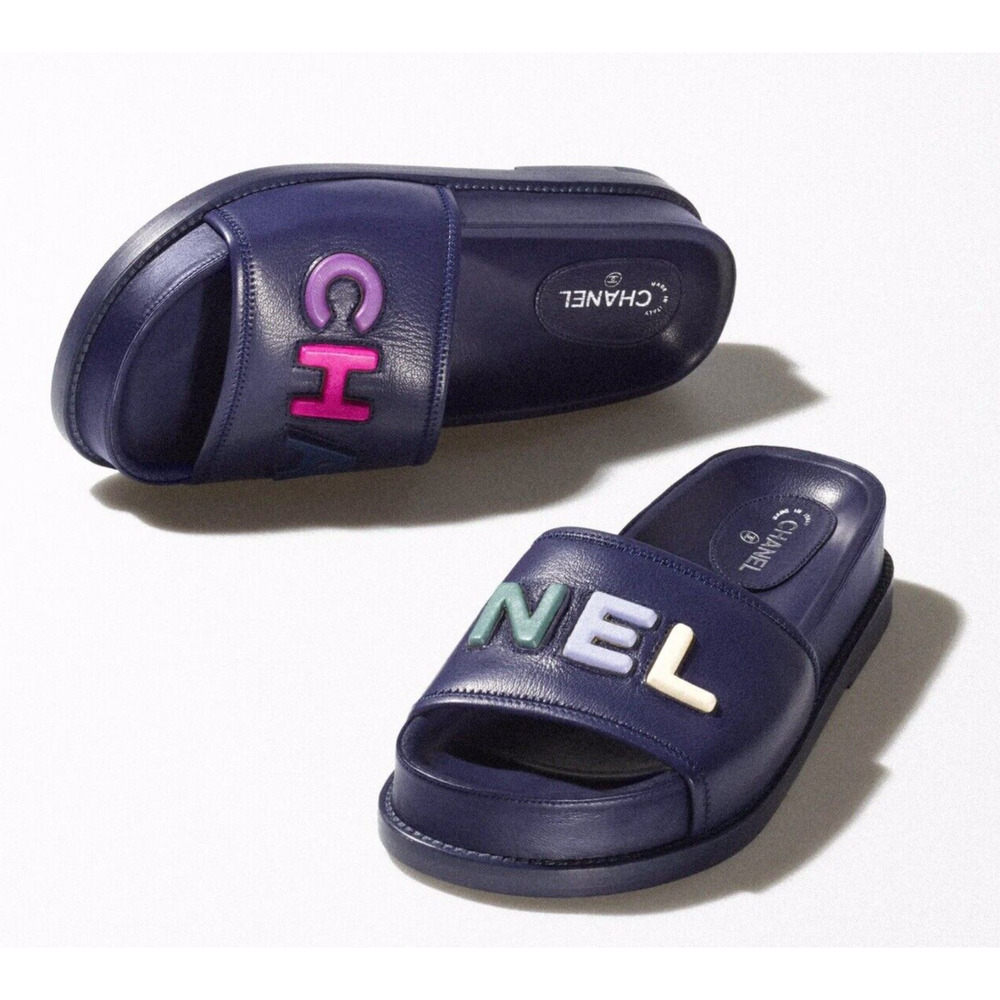 Chanel 22S Navy Blue Lambskin Multicolor CHANEL Letter Logo Flat Slide Sandal 37 - Picture 4 of 12